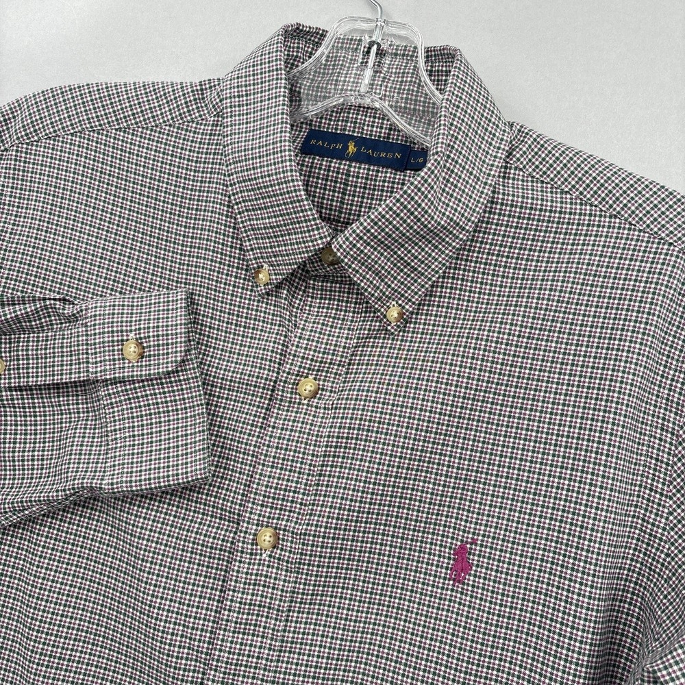 Ralph Lauren Shirt Mens Large Green Pink Check Button‎ Down Dress Shirt Classic
